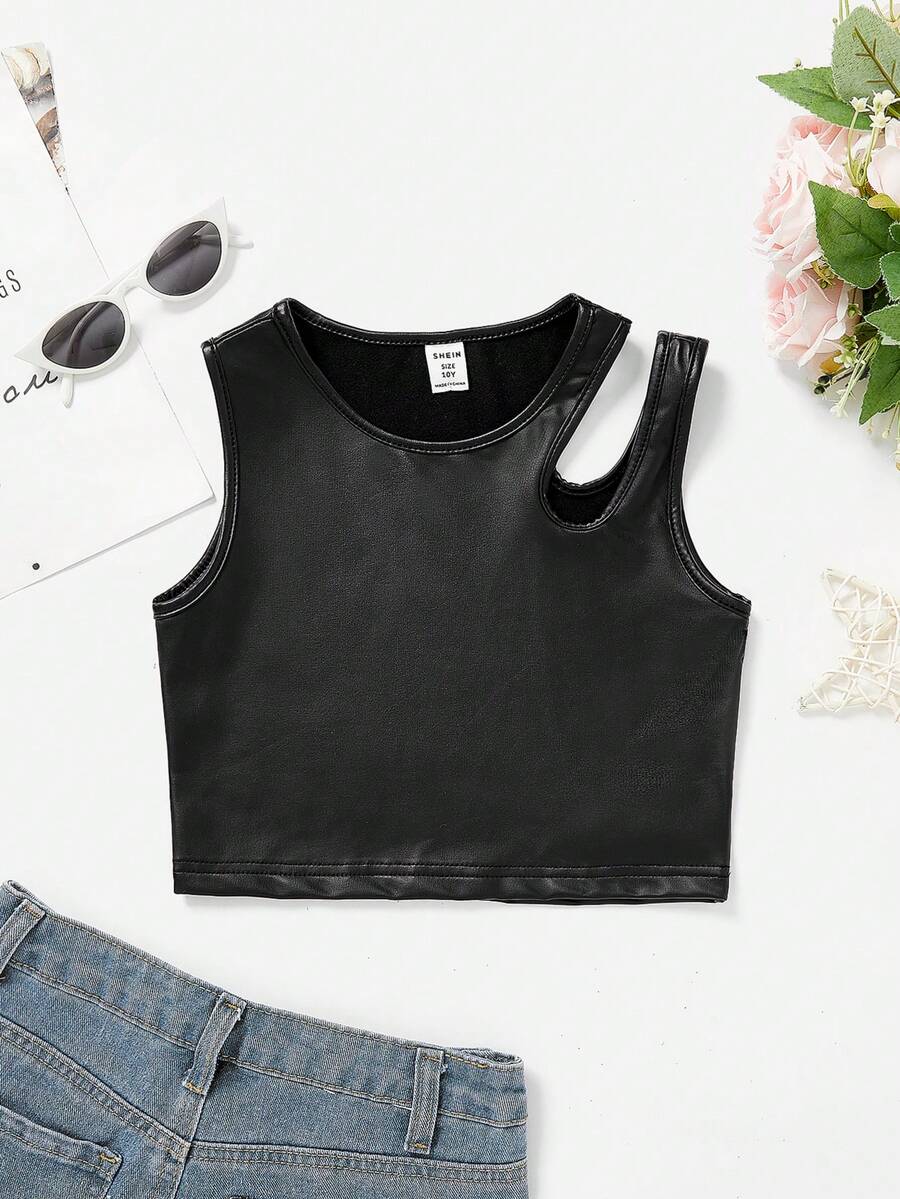 SHEIN Tween Girl Streetwear Sporty Faux Leather Sleeveless Tank Top ...