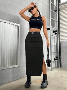 SHEIN PETITE Women's Side Slit Long Skirt - Black - View 6