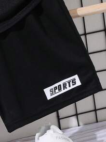 SHEIN Tween Boy Loose Letter Graphic Hoodie And Shorts 2 Pieces Set - Black - View 5