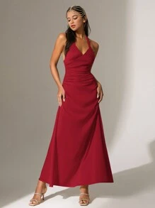 Anewsta Elegant Wine Red Backless Halter Neck Women's Dress - Burgundy - View 4