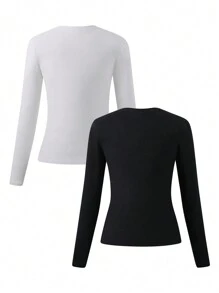 SHEIN Teen Girl Solid Color T-Shirt, Minimalist & Elegant, Classic Style, High-Quality Fabric, Multiple Color Options - Black and White - View 2