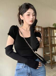 DAZY Solid Color Slim Fit Hollow Out Sweater With Round Neck - Black - View 4