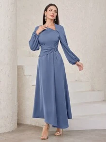 Modelyn 女士純色不對稱領A字裙，配有燈籠袖和收腰設計，婚禮嘉賓服裝 - 藍色 - 查看 3
