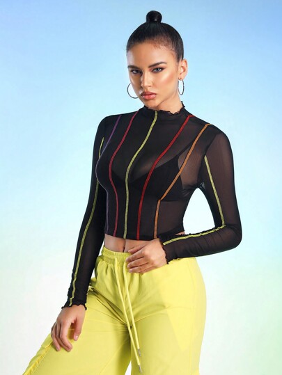 ISELACOS Blusa femenina ajustada de diseñador con contraste de color y malla transparente, ideal para otoño, invierno, vacaciones, salidas y festivales