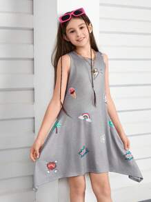 SHEIN Cartoon Printed Asymmetrical Hem Dress For Tween Girls - Grey - View 1