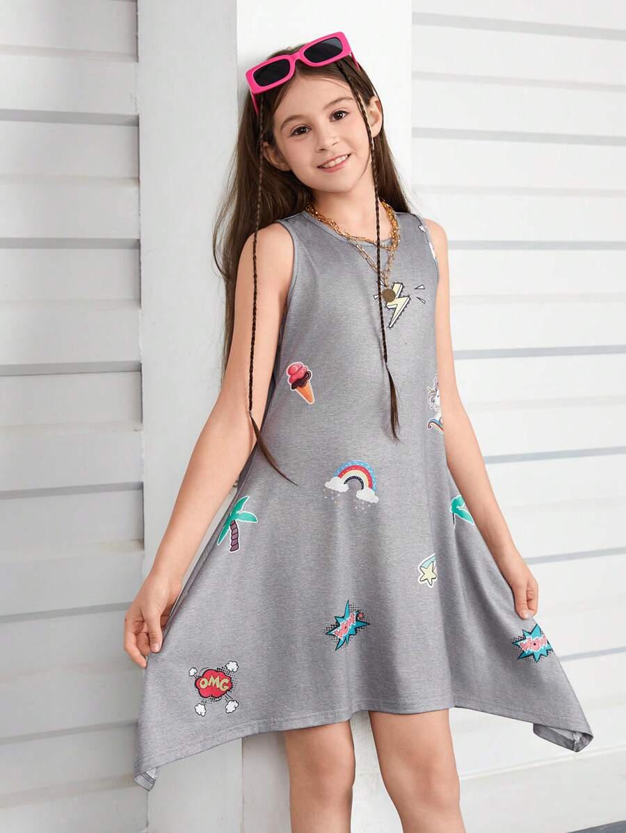 SHEIN Cartoon Printed Asymmetrical Hem Dress For Tween Girls - Grey - View 1
