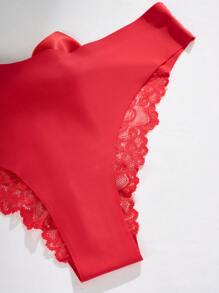 SHEIN ملابس داخلية نسائية عبارة عن بنطلون مصنوع من الدانتيل ذو الزخارف الزهرية ويوجد به رباط مدبب في الخلف - الأحمر - مشاهدة 4