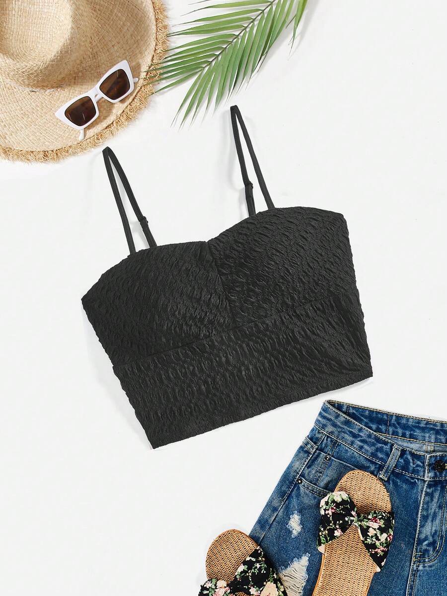 SHEIN VCAY Kỳ nghỉ Vải dệt kim màu có họa tiết Áo yếm có đệm Cami Top - màu đen - Xem 1