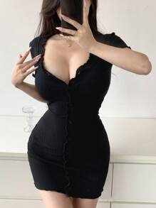 DAZY Women's V-Neck Button Front Bodycon Short Sleeve Dress Summer Sundress,Mini Dress