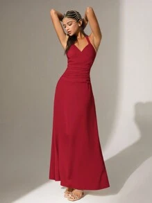 Anewsta Elegant Wine Red Backless Halter Neck Women's Dress - Burgundy - View 1