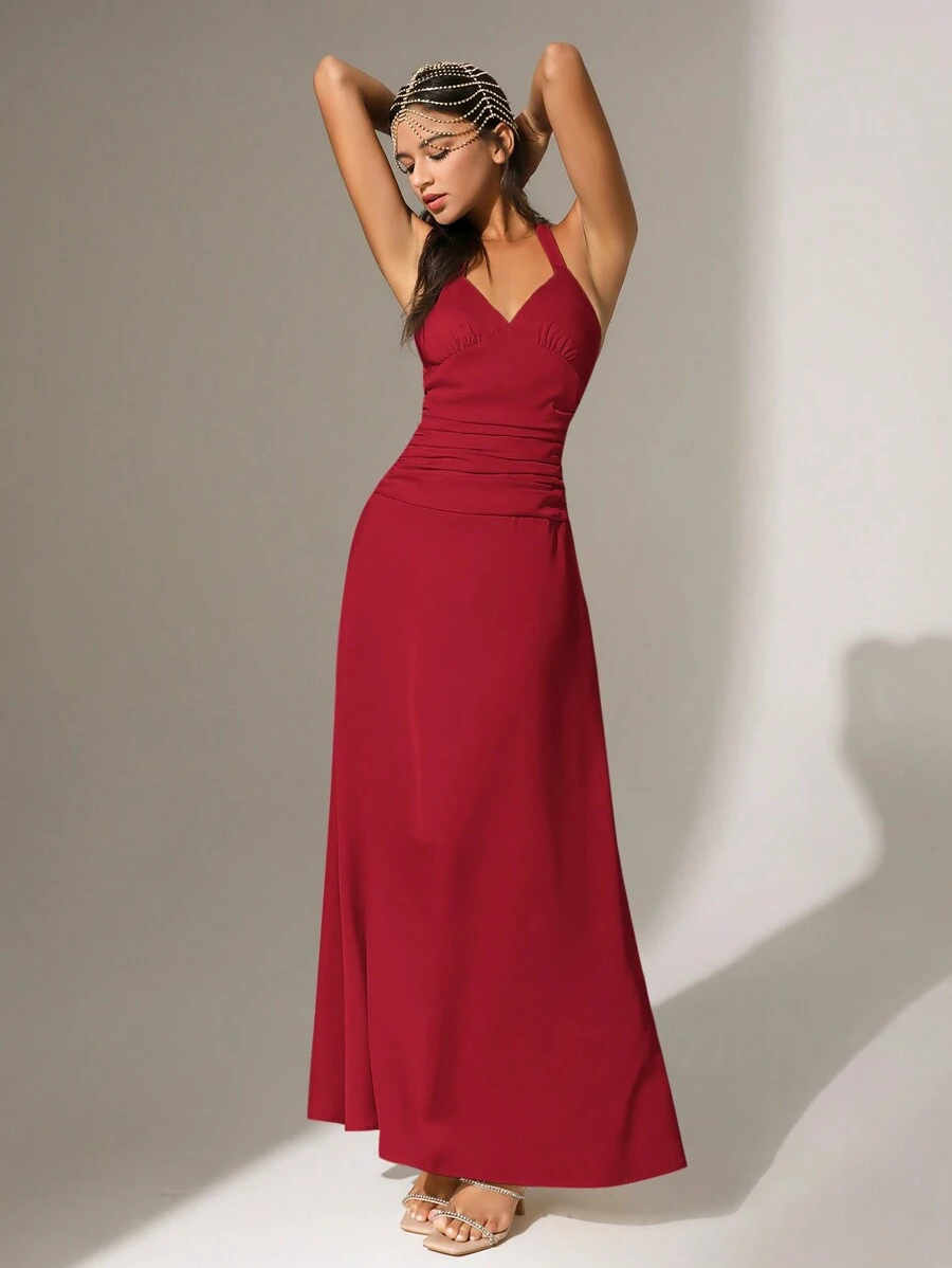 Anewsta Elegant Wine Red Backless Halter Neck Women's Dress - Burgundy - View 1