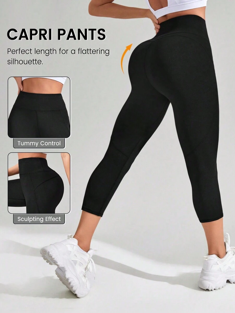 Easithlete Đơn giản Vá lại Yoga & Phòng thể dục Capri Xà cạp - màu đen - Xem 1