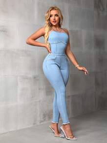 SHEIN SXY Overol De Mezclilla Ajustado Con Correas Y Detalles De Huecos