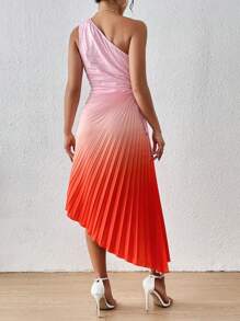 Chiquease Biến đổi dần Một bờ vai Cắt dán Xếp li Đầm Midi - Nhiều màu - Xem 2