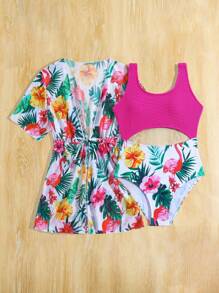 SHEIN 少女熱帶植物印花單件式泳衣，腰部設有剪裁設計 - 玫紅色 - 查看 3