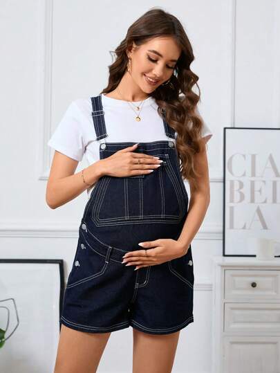 SHEIN Maternity Denim Overall Shorts With Contrast Stitching
