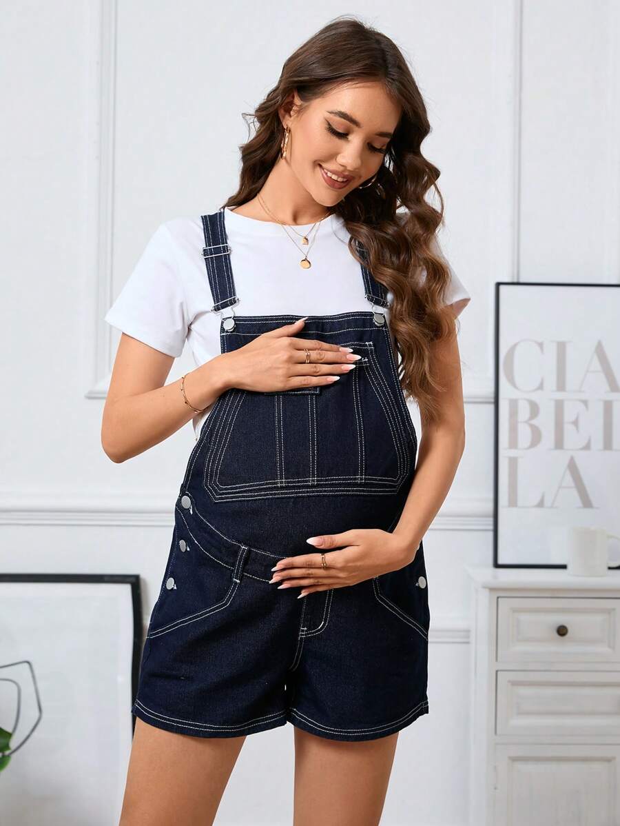 SHEIN Maternity Denim Overall Shorts With Contrast Stitching - Dark Wash - View 1