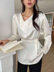 DAZY Áo cánh cổ xếp ly màu trơn dành cho nữ, phong cách công sở thường ngày, tay dài - Màu be - Xem 9