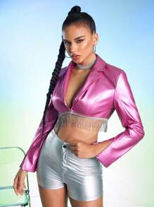 RAVE SCENE 设计师商务休闲金属 PU 短款西装外套，带水钻流苏，适合度假、外出、节日 - 粉色 - 查看 6