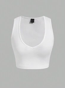 Slaydiva All-Match Versatile Sexy Low-Cut V-Neck White Ribbed Tank Top For Women, Great For Music Festivals/Rave Outfits - White - View 3