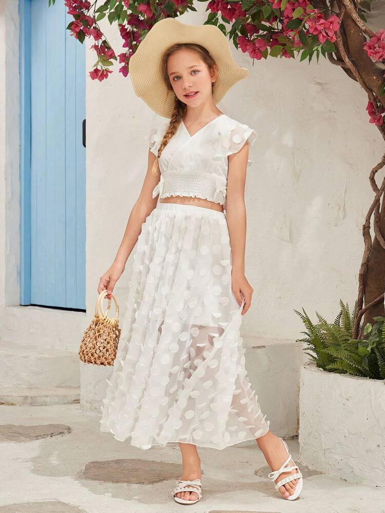 Tween Girl Bow Knot Decorated Shirred Hemline Wrap Top And Skirt Set