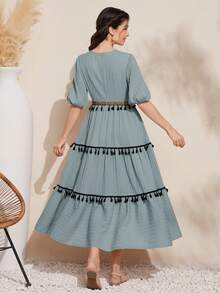 Mulvari 女士v領拼接編織帶流蘇短泡泡袖連衣裙 - 霧霾藍 - 查看 4