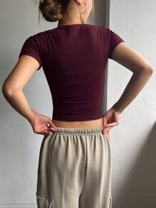 Camiseta de manga corta de unicolor casual, versátil para el verano - Burdeos - Ver 2