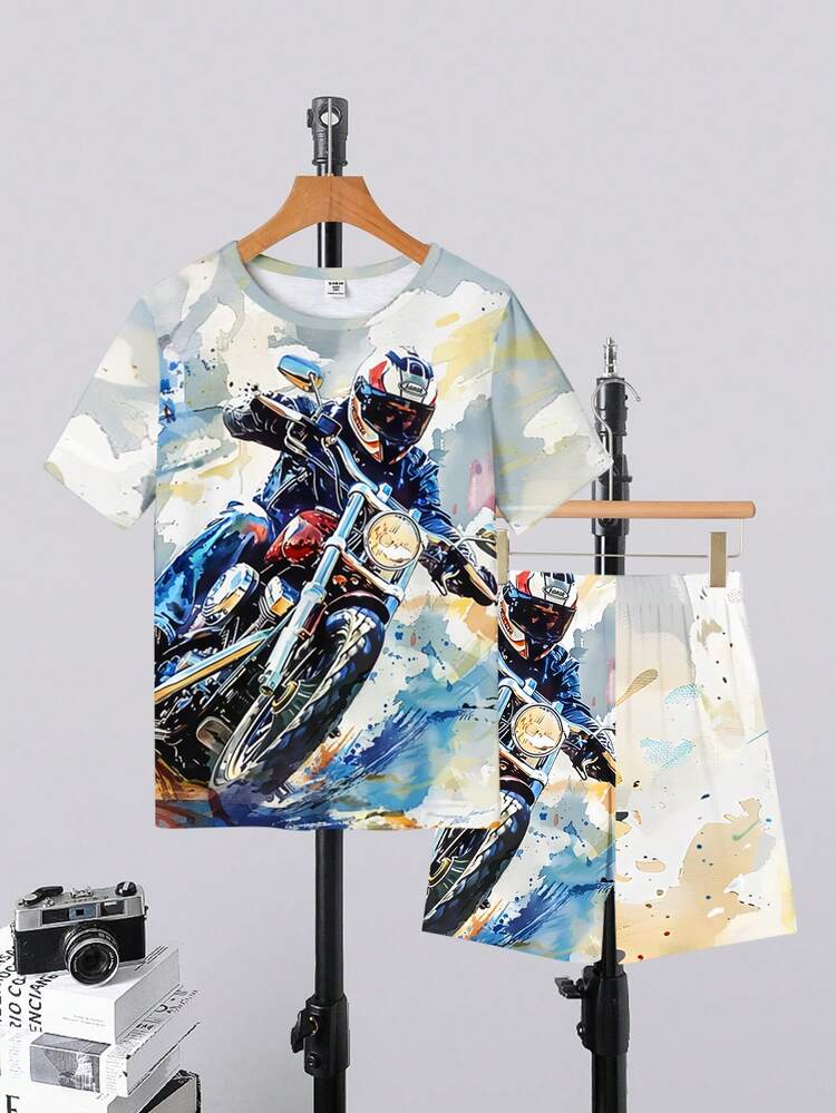 Tween Boys' Casual Printed Short Sleeve T-Shirt And Shorts Set With Ink Splatter Graphic, Comfortable For Summer