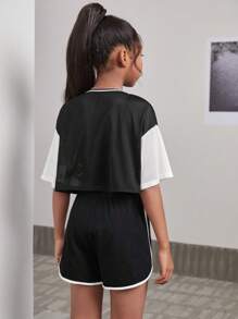 SHEIN Tween Girls' Stylish Knit Flat Machine Letter Printed Round Neck Short Sleeve Top And Sports Shorts Set For Spring And Summer - Black - View 4