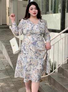 Dazy Plus Plus-size jurk met allover print en tailleband, ruches