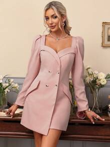 GENKIRA Women's Elegant Pink Button Decor Long Sleeve Dress - Pink - View 3