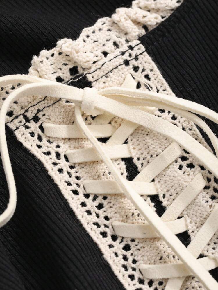 Ladies' Lace Contrast Tie Front Design T-Shirt Going Out Tops Summer,Crop Tops Women