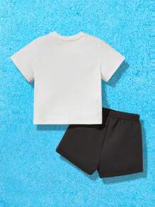 Nick 90s | SHEIN Baby Boy Cartoon Figure Graphic Tee & Shorts - Black and White - View 2
