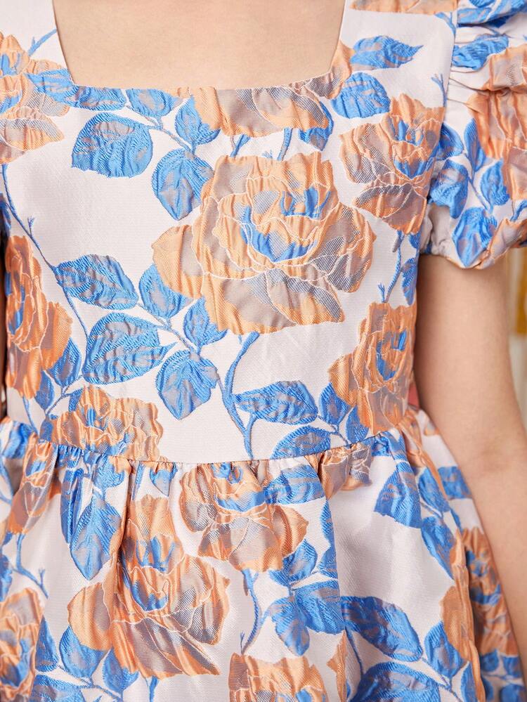 Tween Girl's Floral Jacquard Loose Fit Casual Dress With Square Neckline & Puff Sleeves