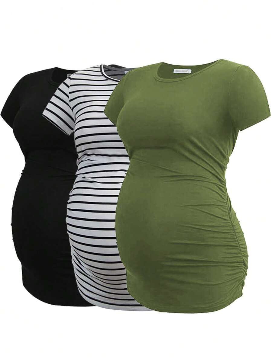 Maternity 3pcs Soft Modal Short Sleeve T-Shirts, Summer New Arrival - Black and White - View 1