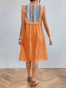 SHEIN LUNE Đầm không tay in họa tiết hình học với viền xếp nếp và trang trí. - Màu Cam san hô - Xem 2