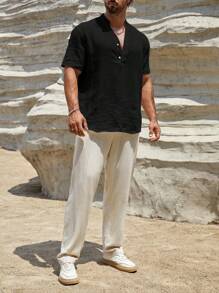 HIMLAND Men's Solid Color Half Button Loose Fit Shirt, Old Money, Couple Things