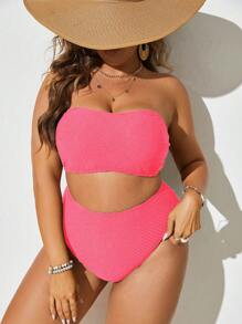 Slaydiva Summer Beach Plus Size Women's Solid Color Strapless Bikini Set Bikini Set - Hot Pink - View 5