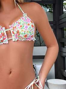 SHEIN Swim Women's Floral Print Halter Neck Bikini Set For Summer Beach