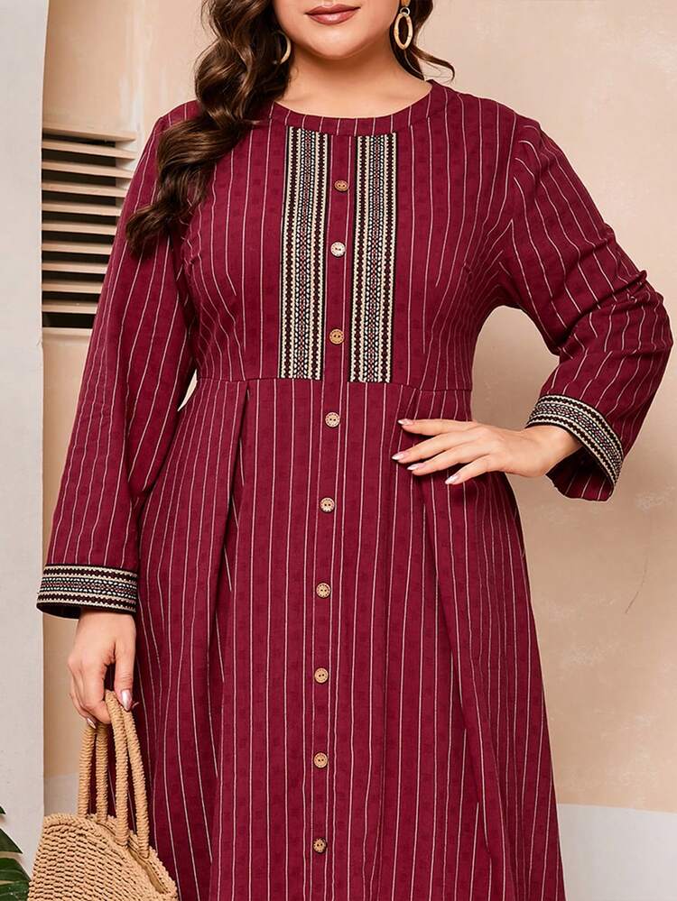Burgundy Red Plus Size Striped Spliced Belted Button Detail Dress