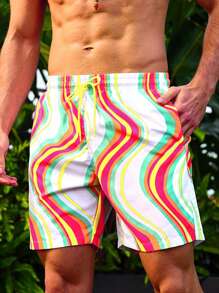 Manfinity Men's Wave And Stripe Patterned Beach Vacation Shorts