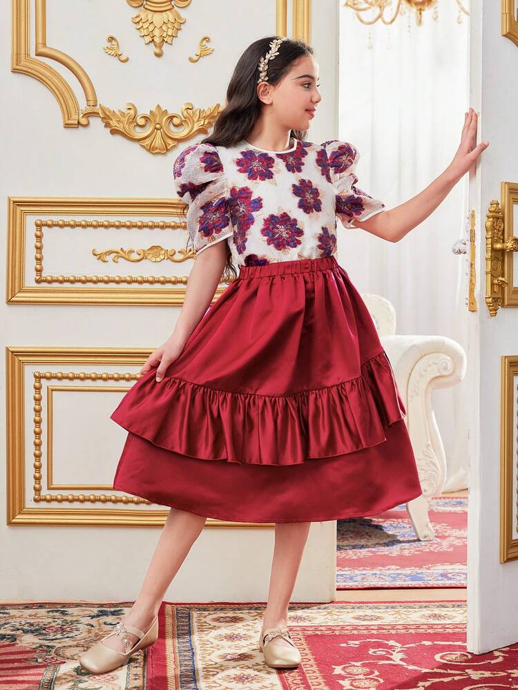 Tween Girl Loose Cute Elegant Round Neck Short Sleeve Top With Floral Print & Asymmetrical Ruffle Hem Skirt