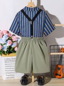 SHEIN Tween Boy Striped Bow Tie Shirt And Suspender Shorts Gentleman 2pcs Outfit