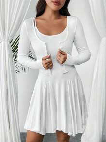 SHEIN Privé Conjunto de vestido elegante con cuello redondo y sin mangas para citas y días festivos, con detalles de pliegues y chaqueta corta de manga larga (2 piezas) - Blanco - Ver 1