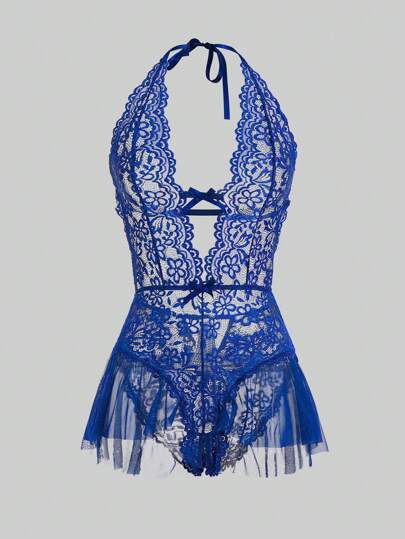 Fairycore بودي سوت جذاب مزين بفتحة رقبة على شكل حرف الرباط،دانتيل و هيم بتفتا تزينها قوس