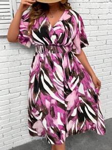 SHEIN LUNE Đúng mốt Kích thước lớn Của phụ nữ Cổ chữ V Dài Đầm Với Cao eo - Nhiều màu - Xem 1