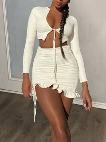 Slaydiva 前綁帶短款上衣+荷葉邊裙的兩件套裝 - 白色 - 查看 1