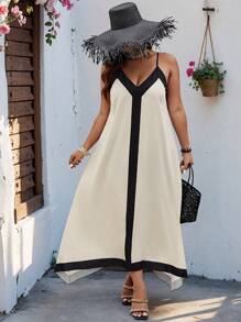 SHEIN Clasi Plus Size Women's Colorblock Spaghetti Strap Casual Dress Maxi Women Outfit - Apricot - View 1