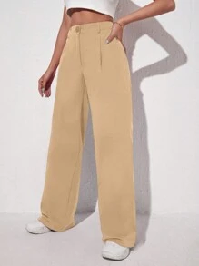 EURMUSE Pantalones regulares simples de unicolor para damas - Camel - Ver 4