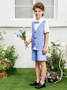 SHEIN Tween Boy Elegant 2 In 1 Turn Down Collar Short Sleeve Shirt And Shorts Set, Gentleman Style - Baby Blue - View 4